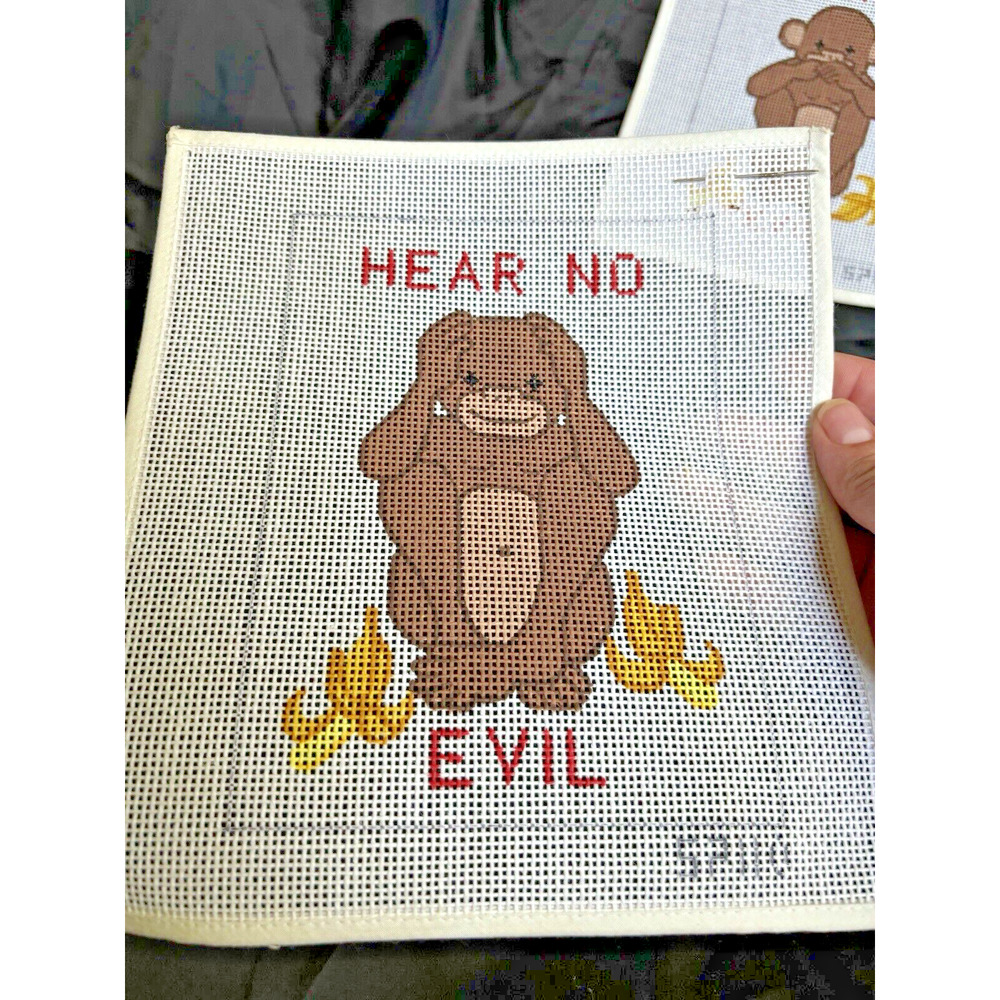 3 Hand Painted Needlepoint Canvas Monkeys Hear No Evil See No Evil Hear No Evil - Picture 8 of 8